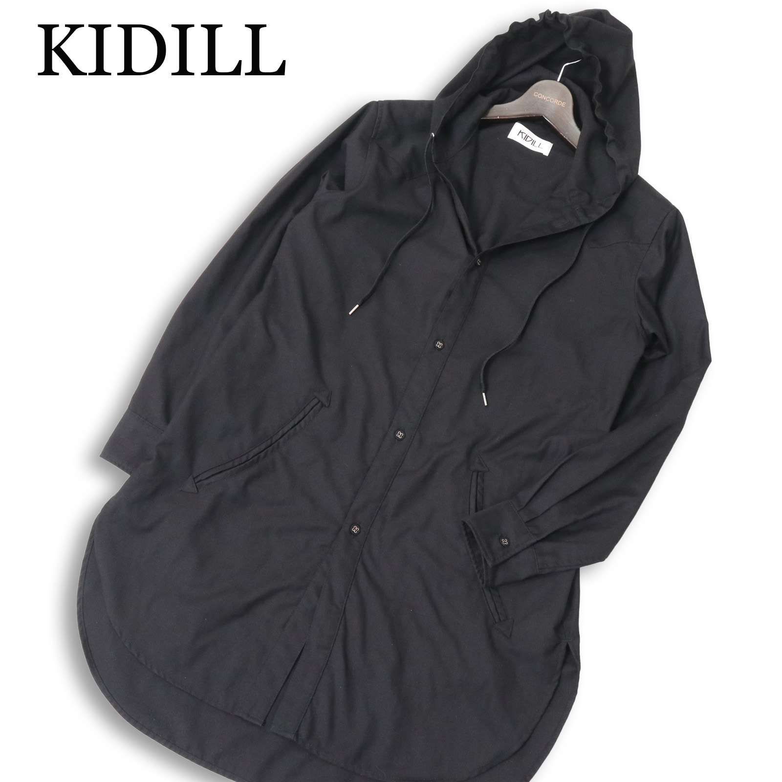 KIDILL キディル 春夏★ 長袖 ロング フーディー シャツ パーカー 日本製 Sz.44 メンズ 黒