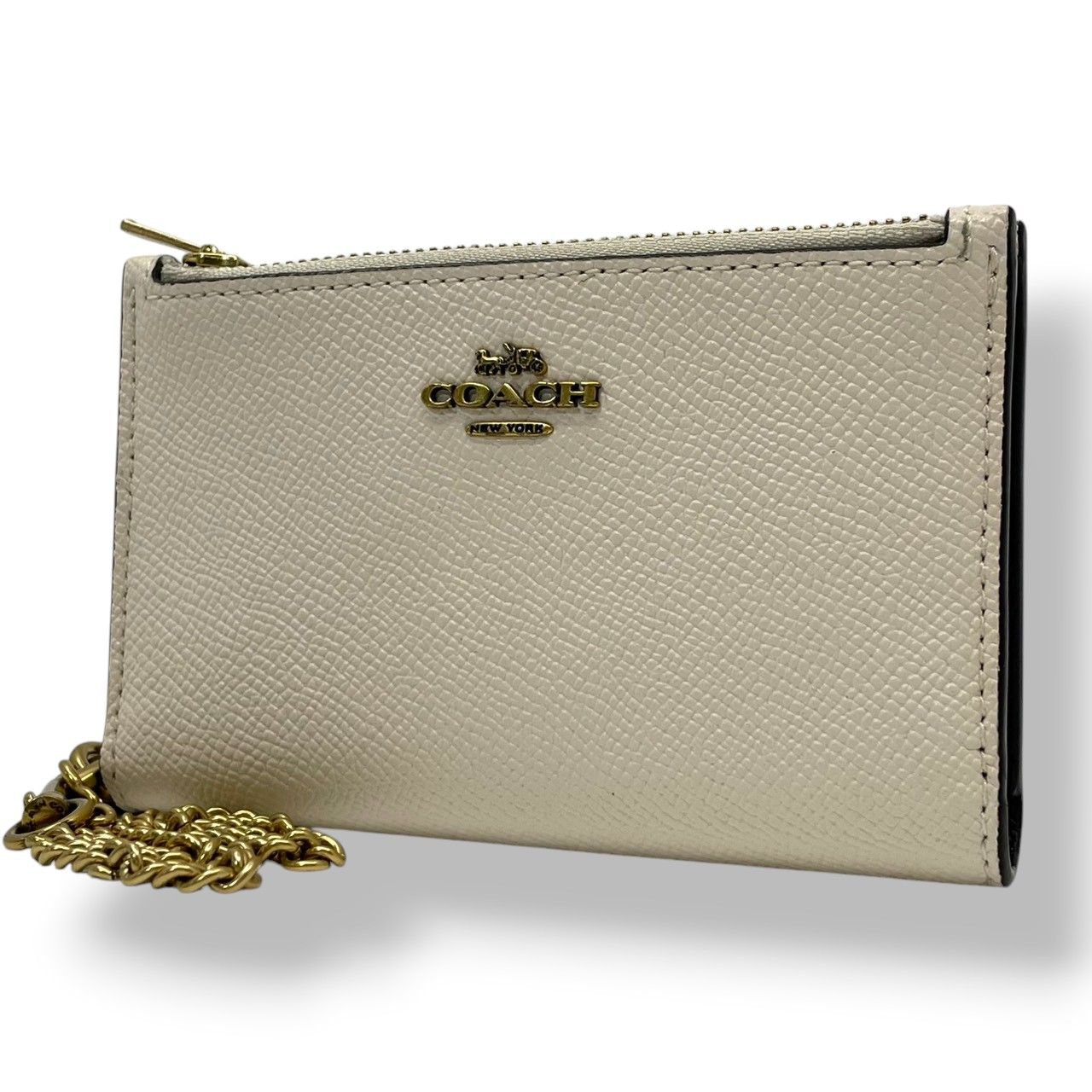 美品 コーチ COACH ミディアム コーナー ジップ ウォレット 二つ折り財布 クロスグレイン レザー 本革 アイボリー ゴールド金具 ロゴ金具 チェーン付き 札入れ 小銭入れ カード収納 コンパクト 上品 レディース 日常使い 収納力 M2