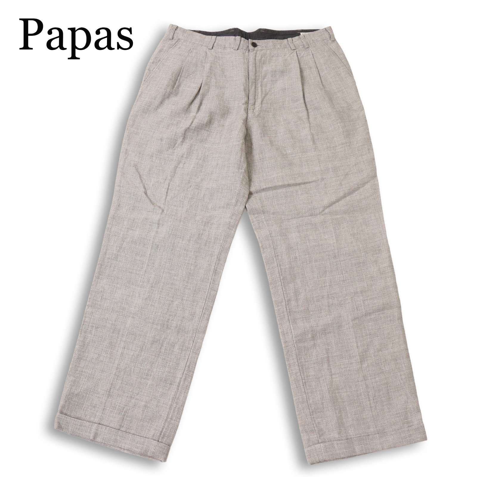 Papas パパス 春夏★ リネン ワイド タック マイクロチェック スラックス パンツ 日本製 大きいサイズ Sz.XL メンズ
