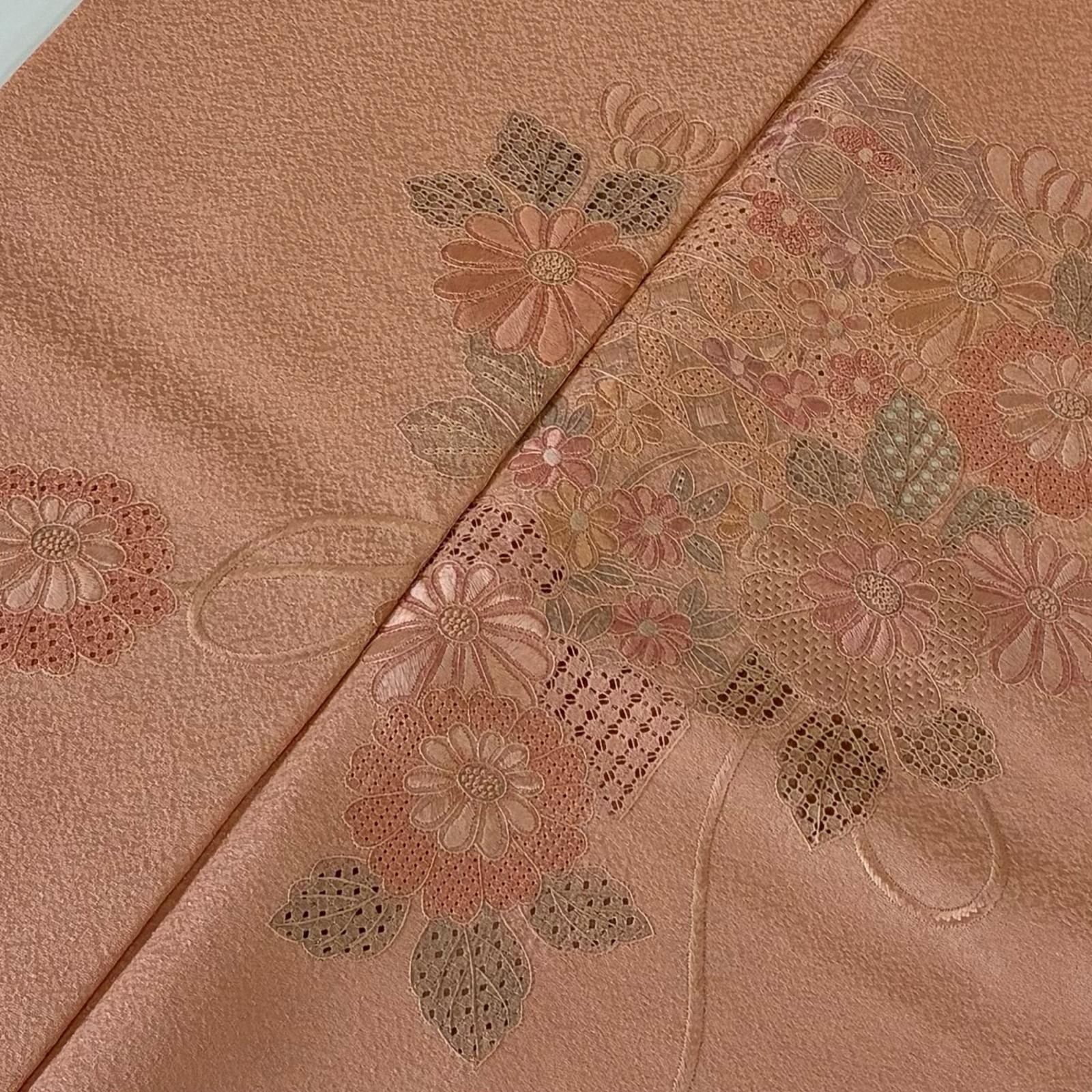 汕頭刺繍 付け下げ 紋なしサーモンピンク 紋なし 袷 着物 MK-4446