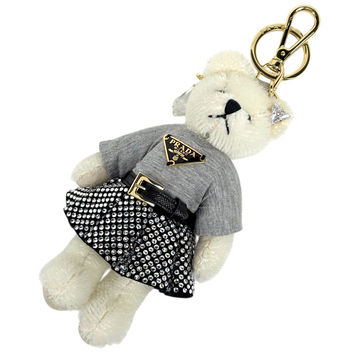 プラダ PRADA メタルリング付 Teddy キーチェーン チャーム キーホルダー コットン モヘア ホワイト グレー 1TO27G レディース 【中古】
