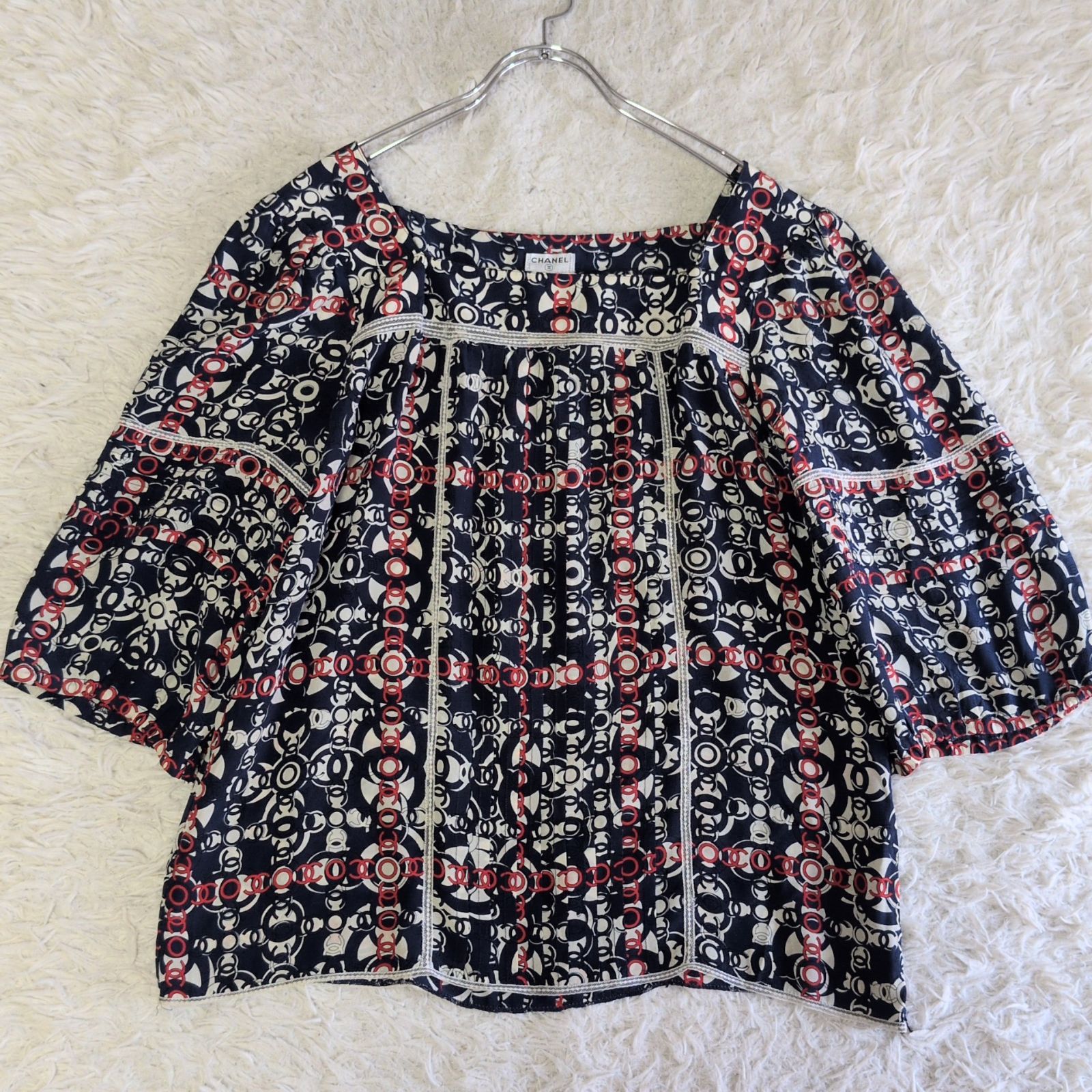 美品✨CHANEL シャネル シルク100% ココマーク総柄ブラウス 07A P31982 