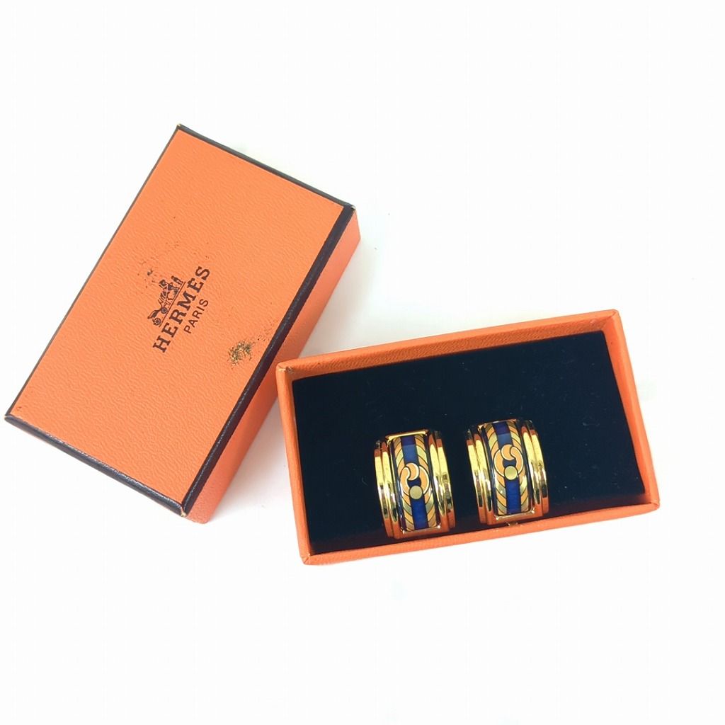 HERMES エルメス　エマイユ　イヤリング　ネイビーオレンジゴールドカラー の商品写真