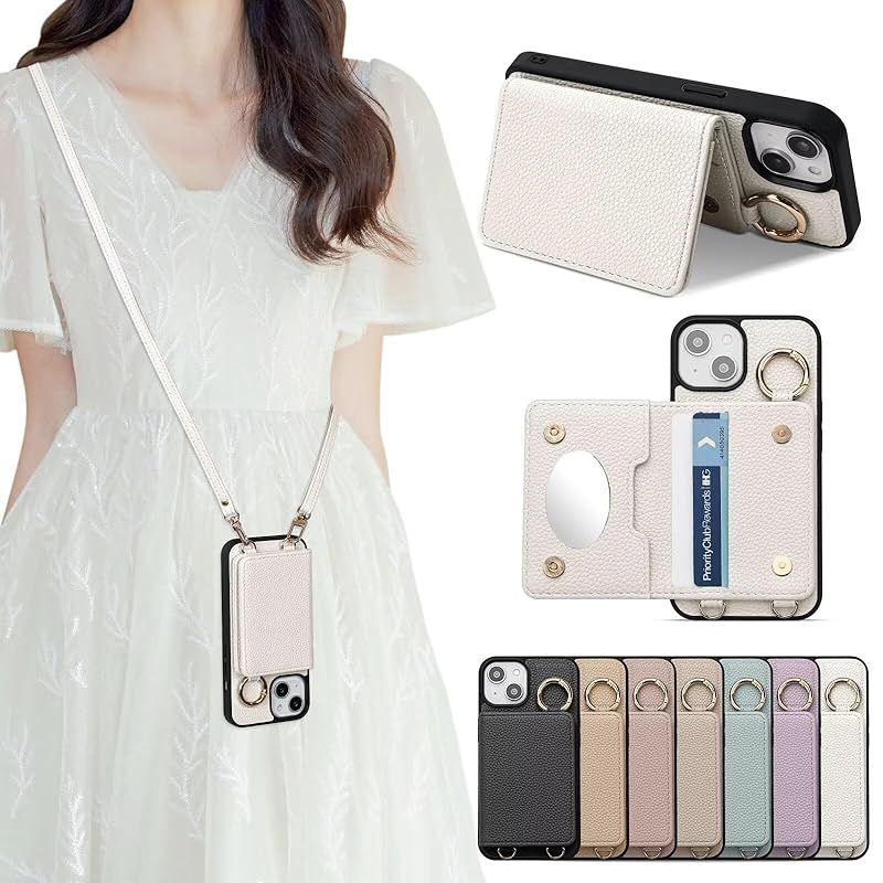 【新品】 For iPhone 17AIR 対応するモデル 手帳型ショルダーケース ミラー付き 財布型 多機能スタンド レディース 収納 小銭入れ 調節可能ストラップ (首掛け/肩掛け/斜めがけ対応) ホワイト