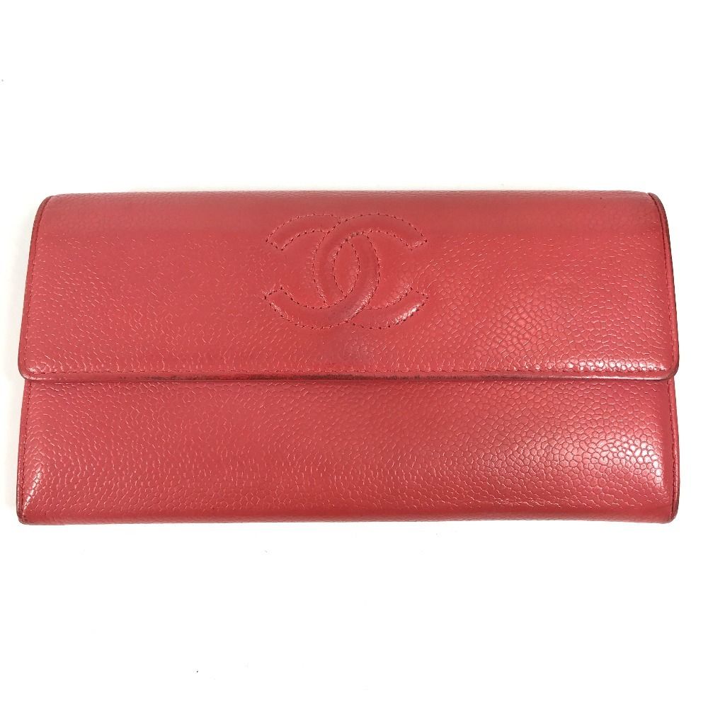 CHANEL シャネル 長財布 CC ココマーク ロゴ キャビアスキン レッド系