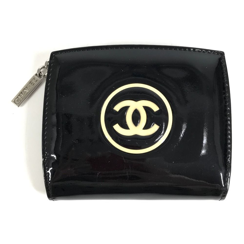CHANEL シャネル 2つ折り財布 CC ココマーク ロゴ エナメル ブラック