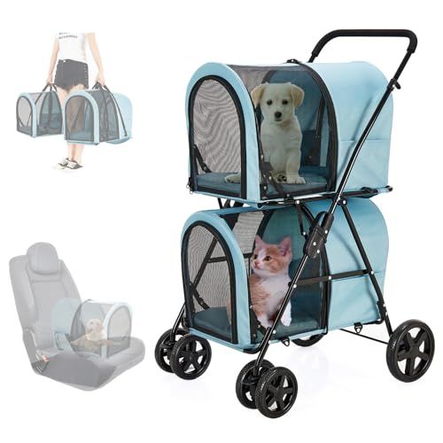 LPOTIUS ペットカート 多頭 上下2段式 分離型 ペットバギー 折りたたみ 軽量 犬用ベビーカー コンパクト収納 ペットキャリーバッグ 4輪 前輪360°回転 後輪ブレーキ付き 小型犬 中型犬 犬猫兼用 耐荷重20KG 上段10KG 下段10KG 多 1