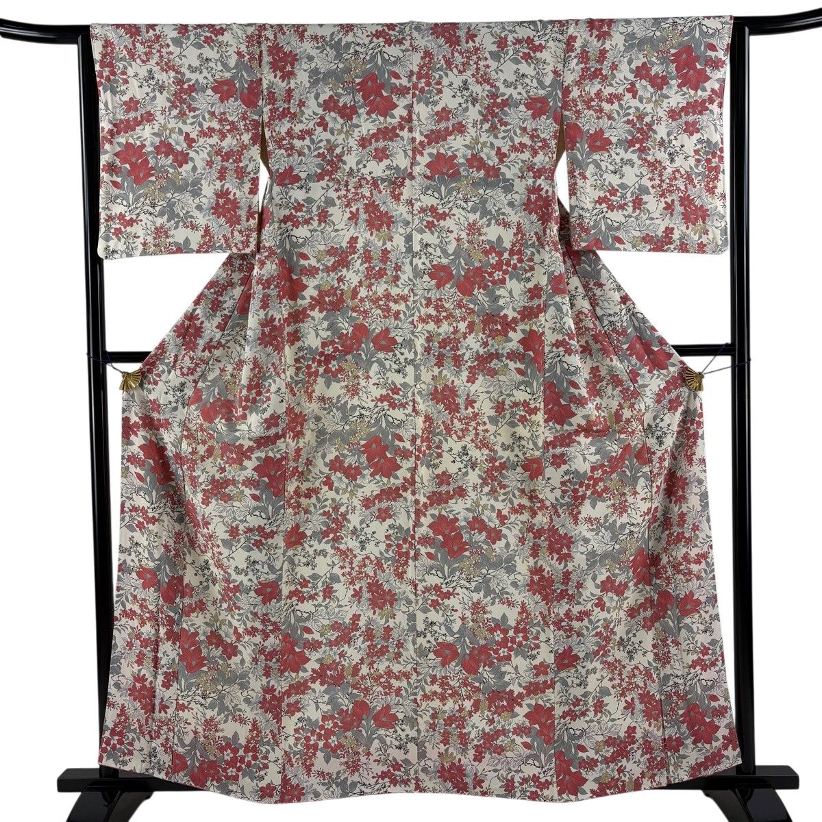 小紋 身丈160cm 裄丈63.5cm S 袷 草花 クリーム 正絹 優品 【中古