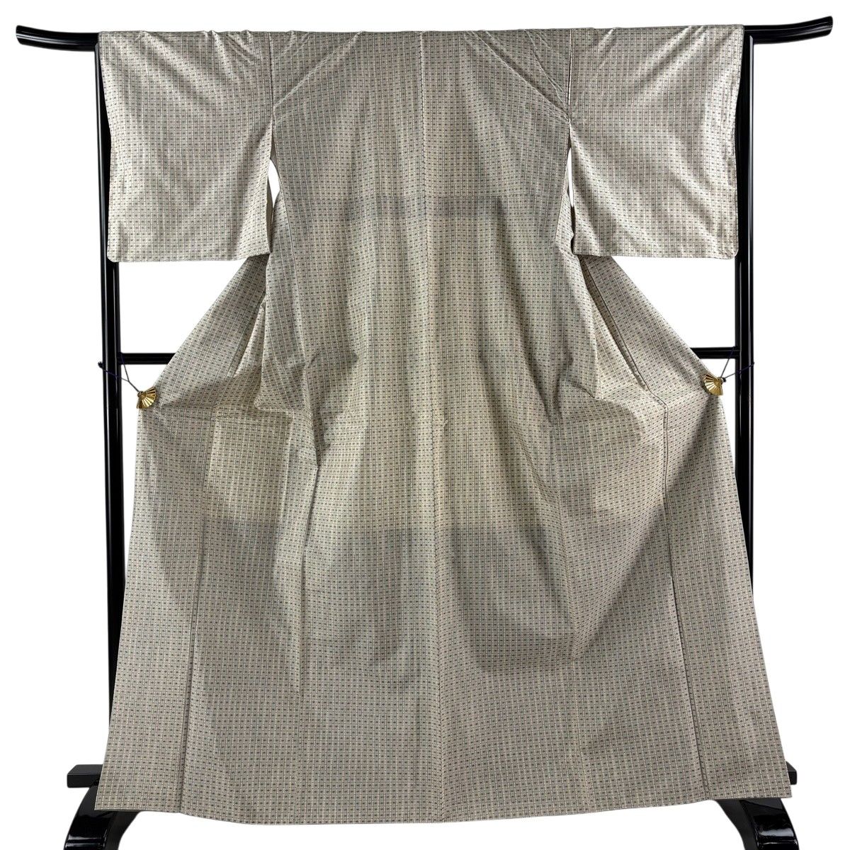 【美品】 大島紬 身丈167.5cm 裄丈65.5cm M 袷 証紙 縦縞 幾何学 灰緑 正絹 逸品 【中古】