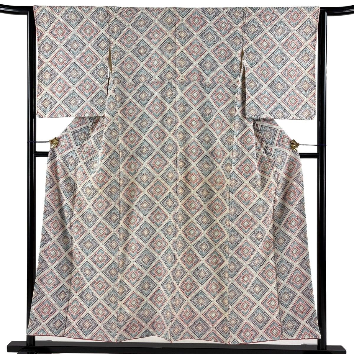 小紋 身丈152cm 裄丈63.5cm S 袷 菱 絞り クリーム 正絹 名品 【中古】