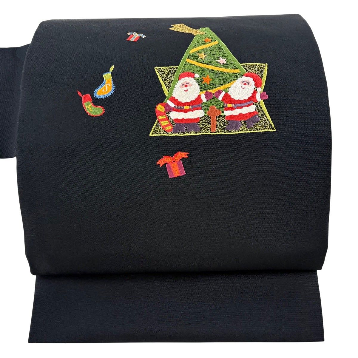 名古屋帯 逸品 サンタクロース クリスマスツリー 金糸 刺繍 黒 正絹 【中古】