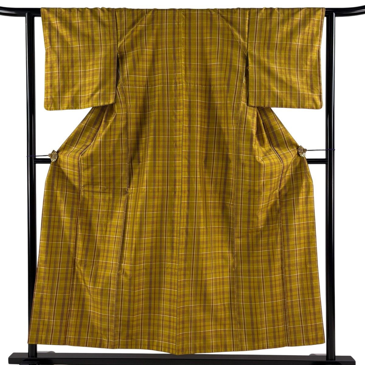 紬 身丈152cm 裄丈63cm S 袷 格子 山吹茶色 正絹 名品 【中古】