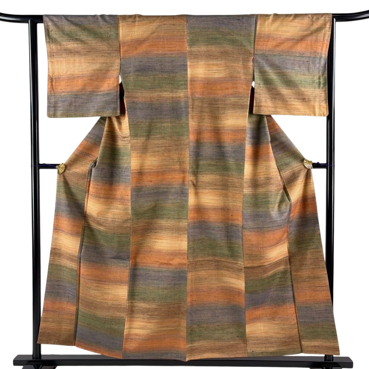 【美品】 紬 身丈156cm 裄丈62.5cm S 袷 縞 山吹茶色 正絹 名品 【中古】