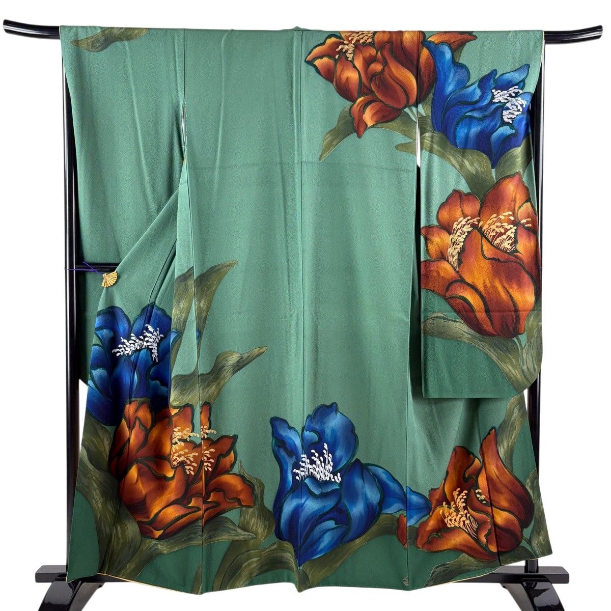 振袖 身丈159cm 裄丈67cm M 袷 中村乃武夫 落款 草花 金彩 緑 正絹 名品 【中古】