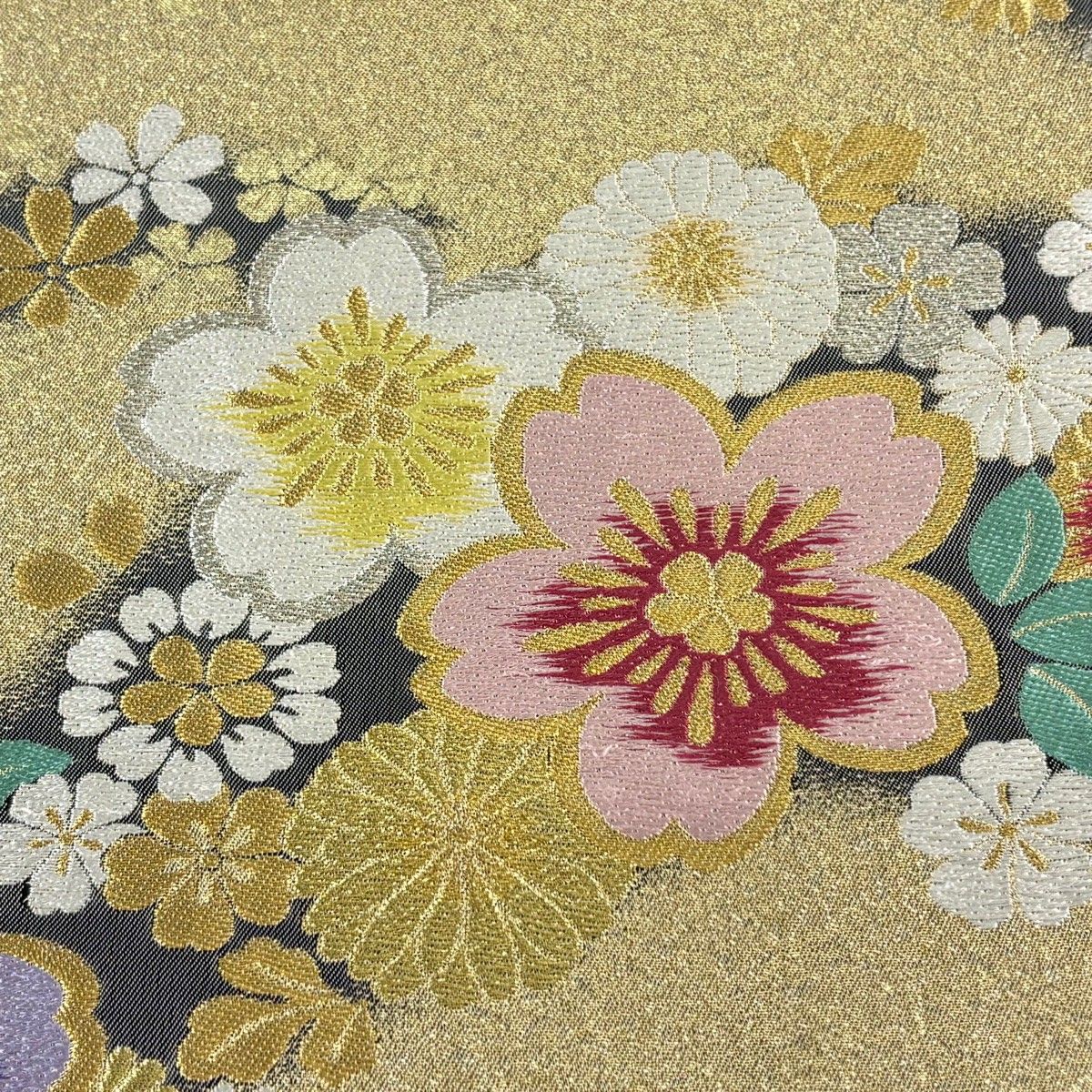 美品】 袋帯 秀品 振袖向き 桜 草花 金銀糸 箔 金色 六通 正絹 【中古