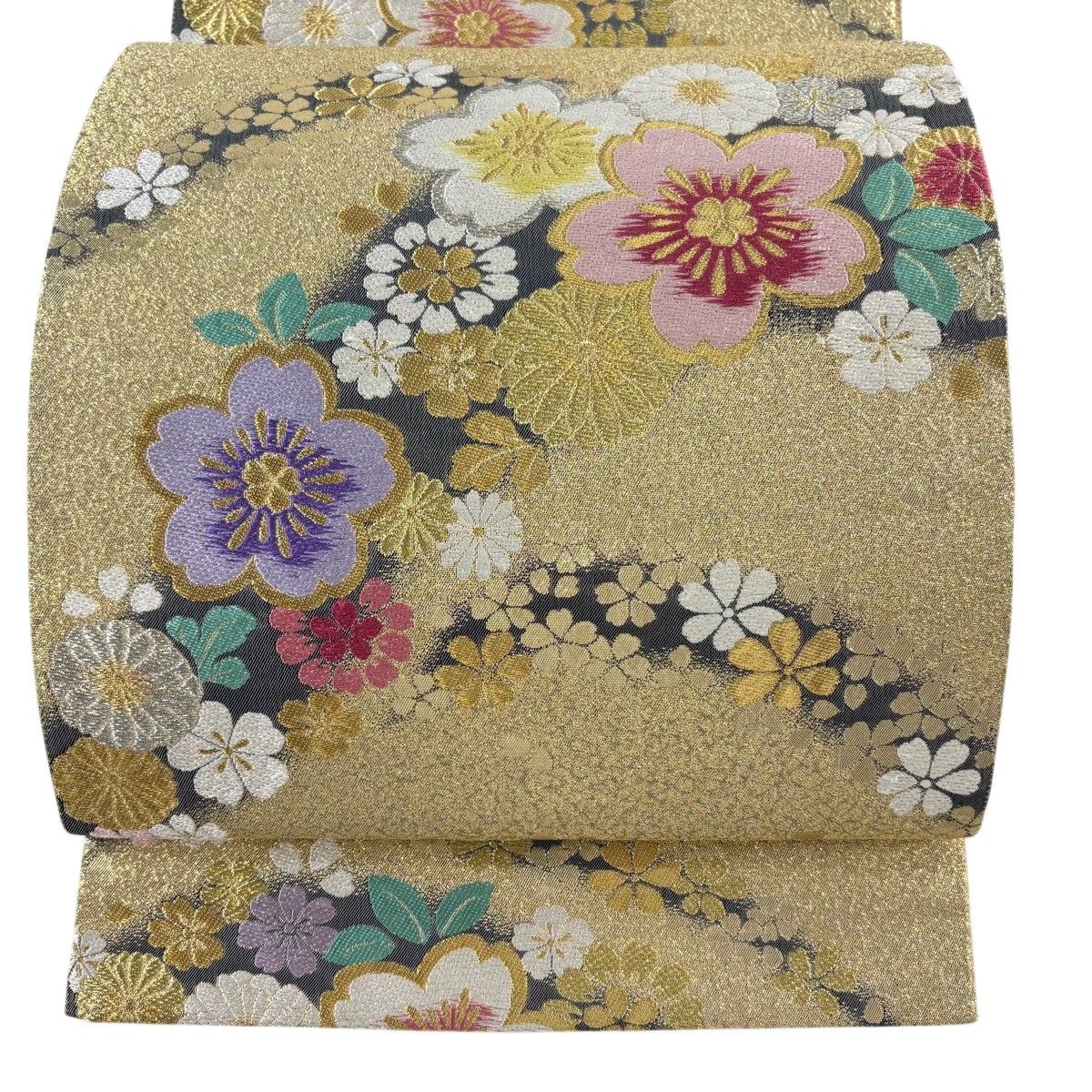 美品】 袋帯 秀品 振袖向き 桜 草花 金銀糸 箔 金色 六通 正絹 【中古