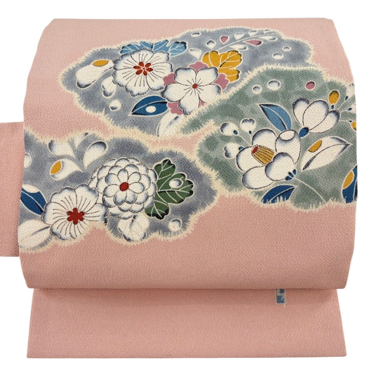 【美品】 名古屋帯 秀品 草花 縮緬 薄ピンク 正絹 【中古】