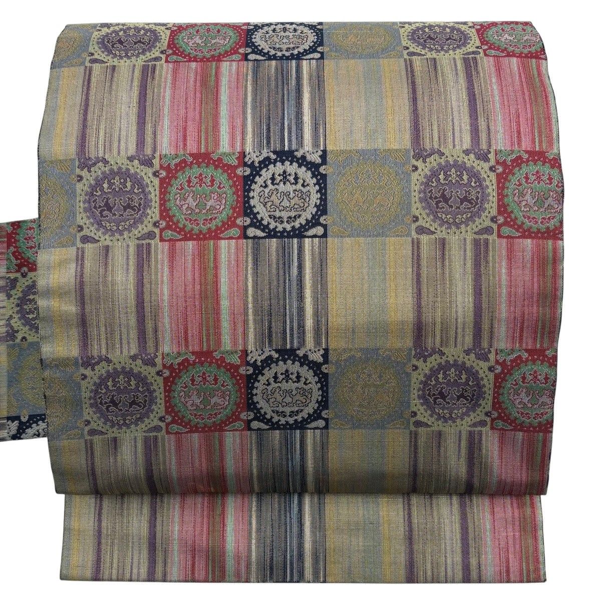【美品】 名古屋帯 秀品 動物 縞 茶緑色 正絹 【中古】