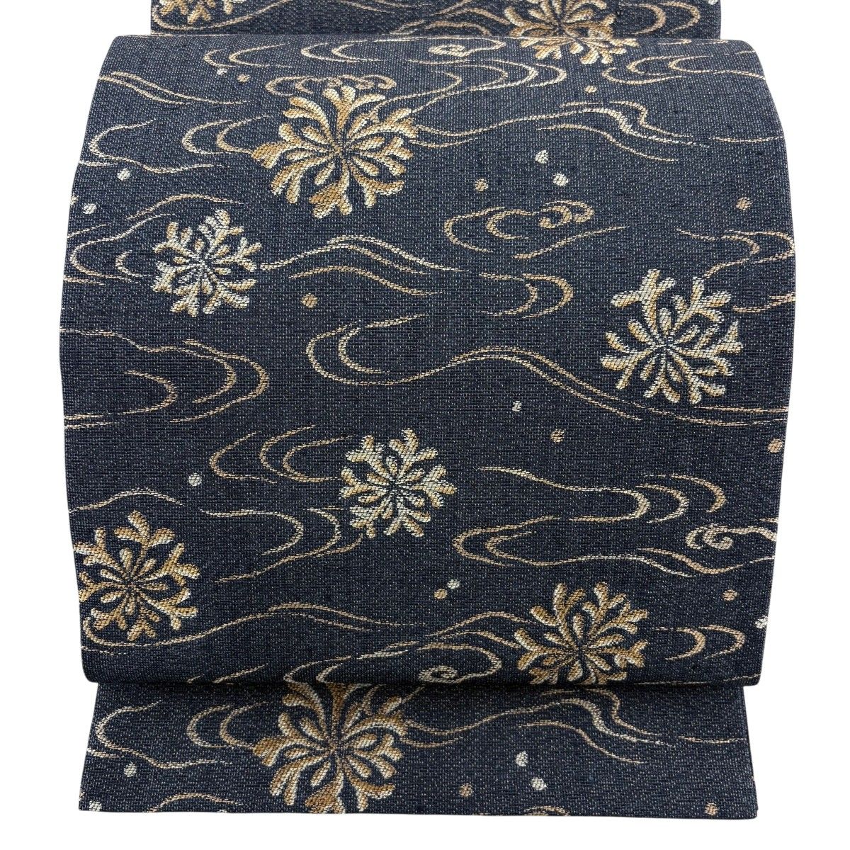 【美品】 開き名古屋帯 秀品 流水 花 金糸 黒灰 正絹 【中古】