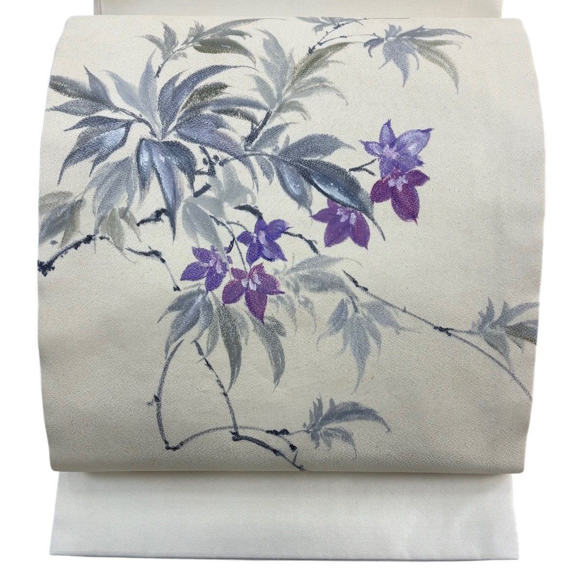 開き名古屋帯 秀品 草花 箔 クリーム 正絹 【中古】