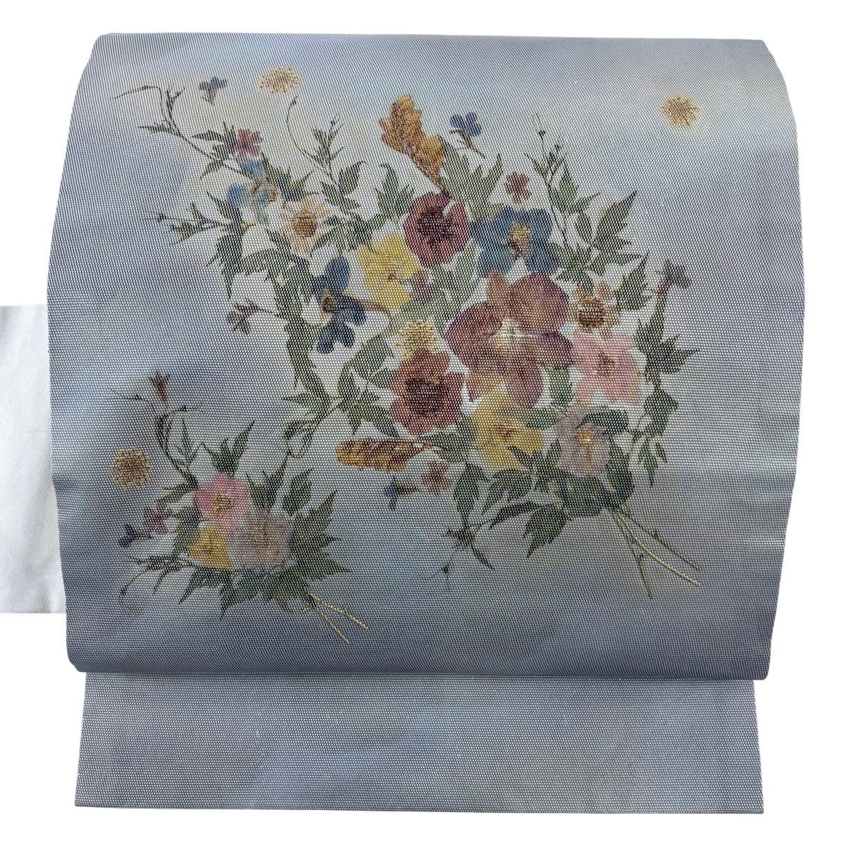 名古屋帯 秀品 花香織 草花 箔 銀色 正絹 【中古】