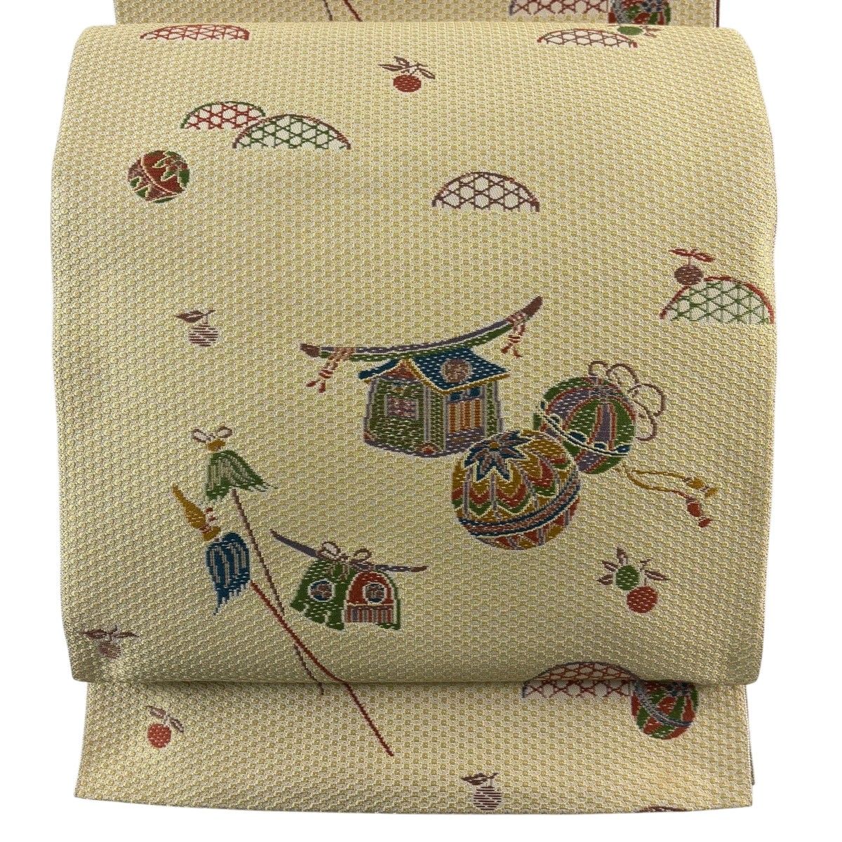 【美品】 名古屋帯 秀品 八寸名古屋帯 松葉仕立て 駕籠 鞠 山吹茶色 正絹 【中古】