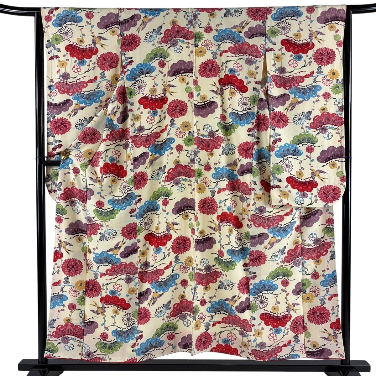 【美品】 振袖 身丈153cm 裄丈65cm M 袷 笠松 鳥 クリーム 正絹 秀品 【中古】