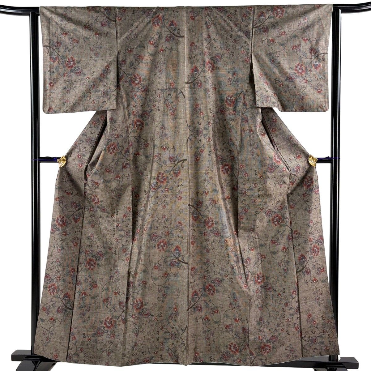 紬 身丈159cm 裄丈62cm S 袷 花唐草 焦茶色 正絹 秀品 【中古】