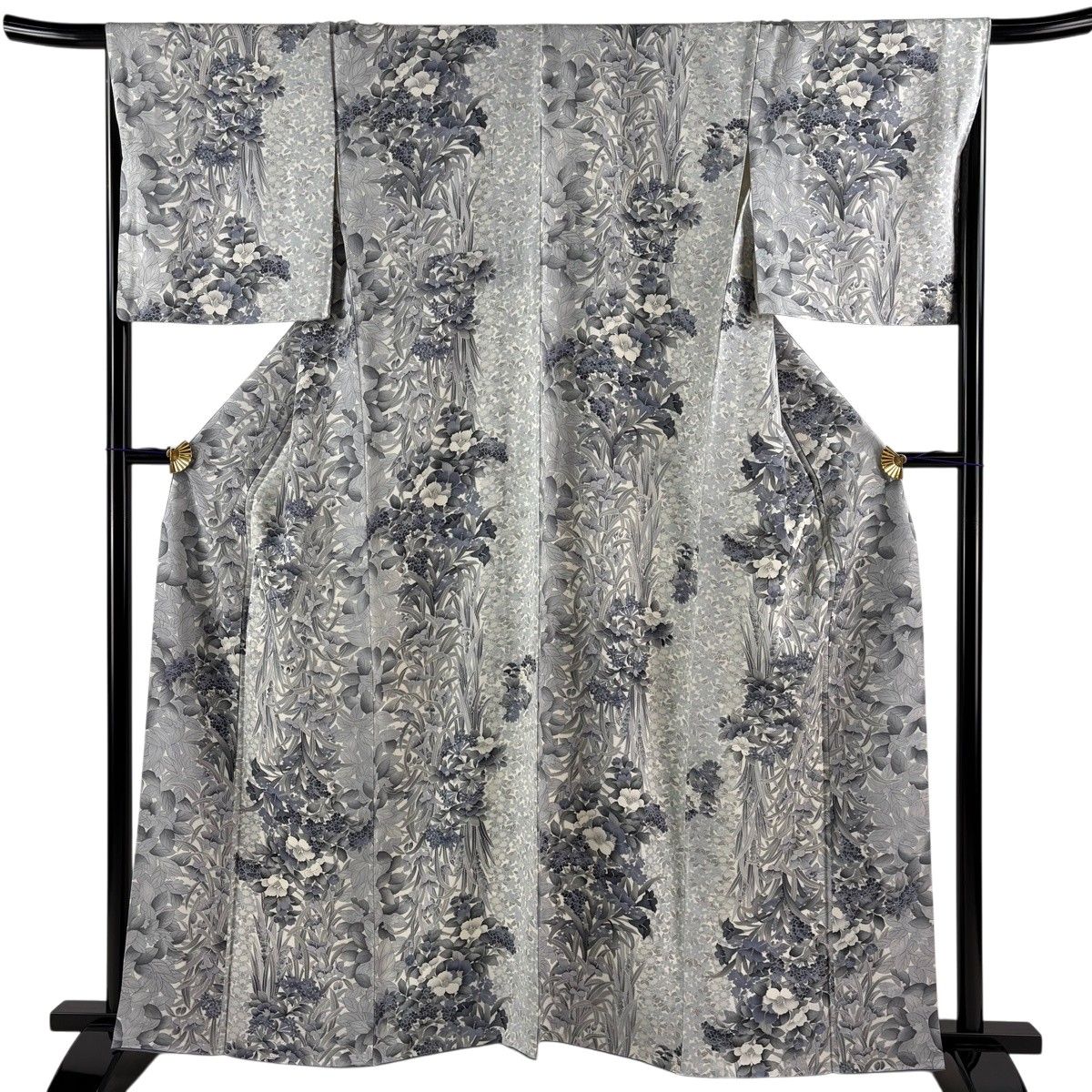 【美品】 小紋 身丈160cm 裄丈68cm L 袷 やまと 草花 灰色 正絹 秀品 【中古】