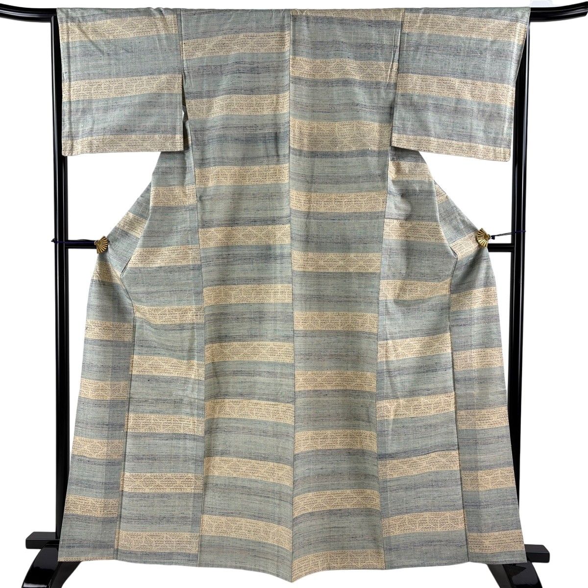 紬 身丈165cm 裄丈65cm M 単衣 段縞 幾何学 薄青緑 正絹 秀品 【中古】