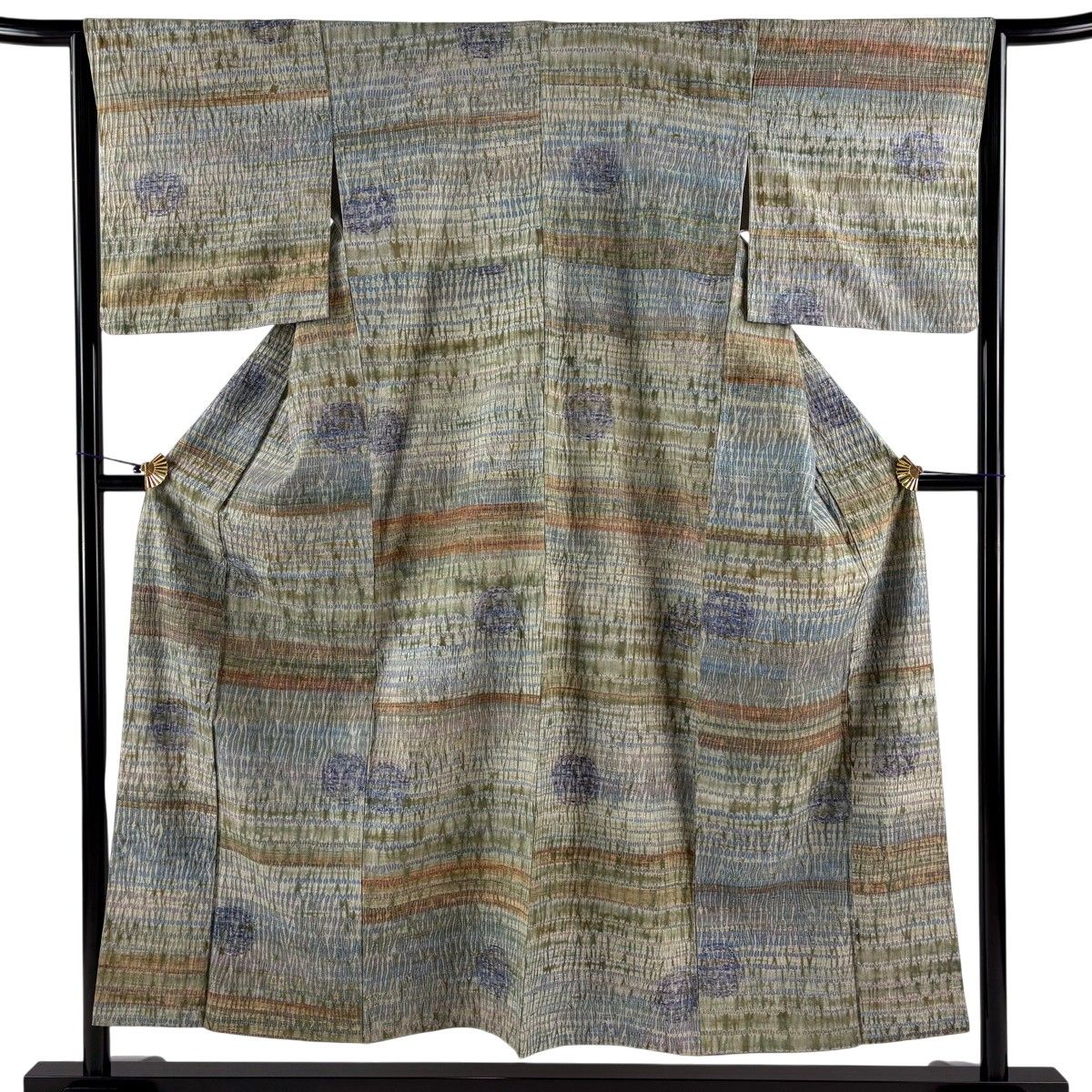 【美品】 小紋 身丈153cm 裄丈63.5cm S 袷 紬地 丸文 幾何学 絞り 鶯色 正絹 秀品 【中古】