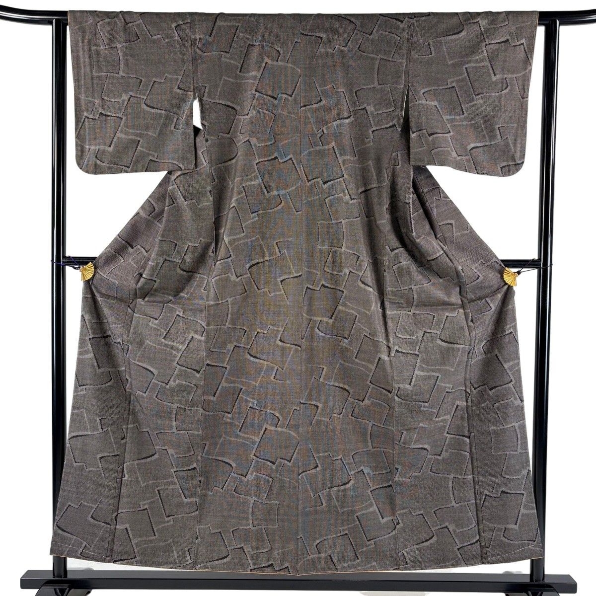 【美品】 紬 身丈155.5cm 裄丈62cm S 袷 幾何学模様 焦茶色 正絹 秀品 【中古】