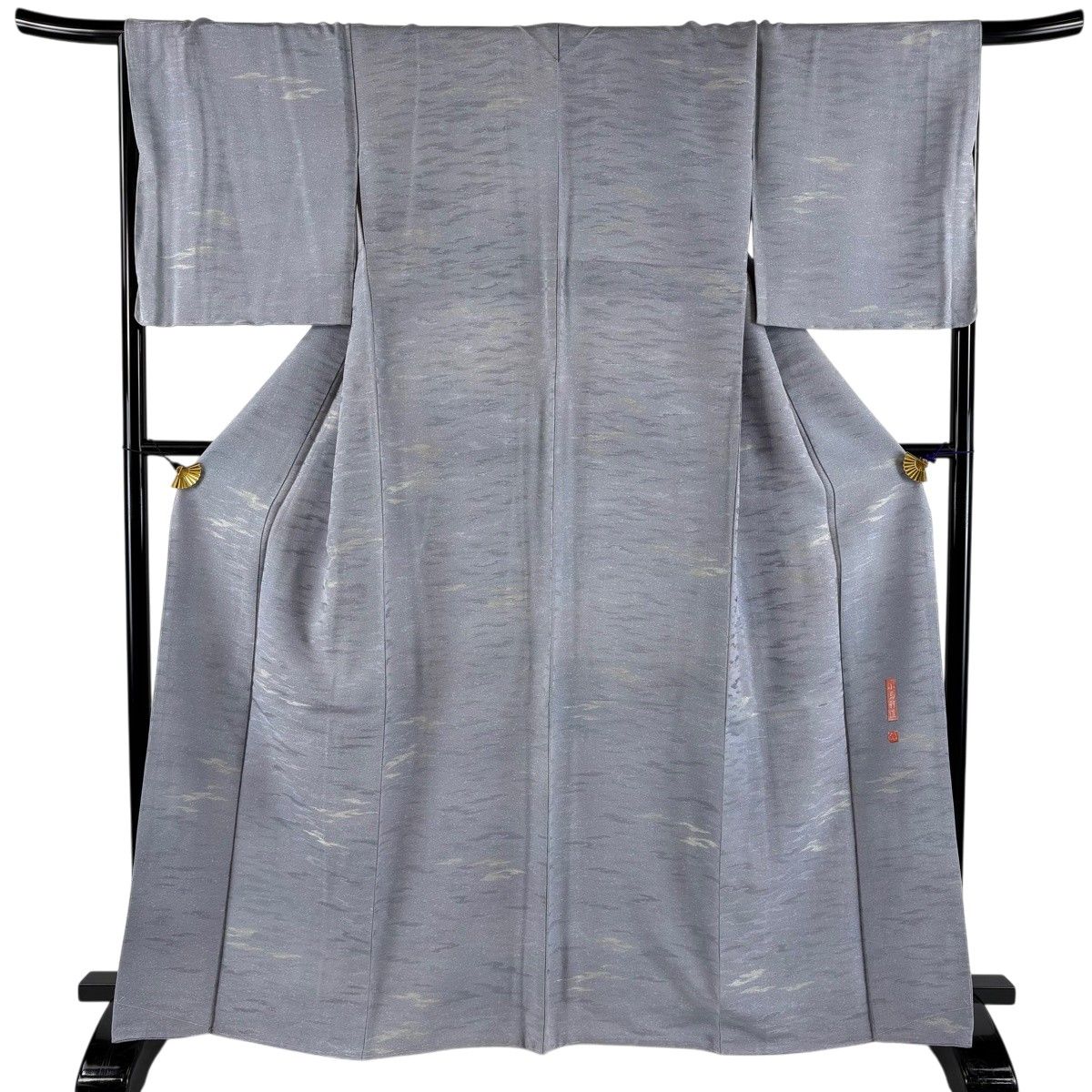 【美品】 小紋 身丈165cm 裄丈67cm M 袷 小島利造 落款 霞 地紋 ぼかし 青灰色 正絹 秀品 【中古】