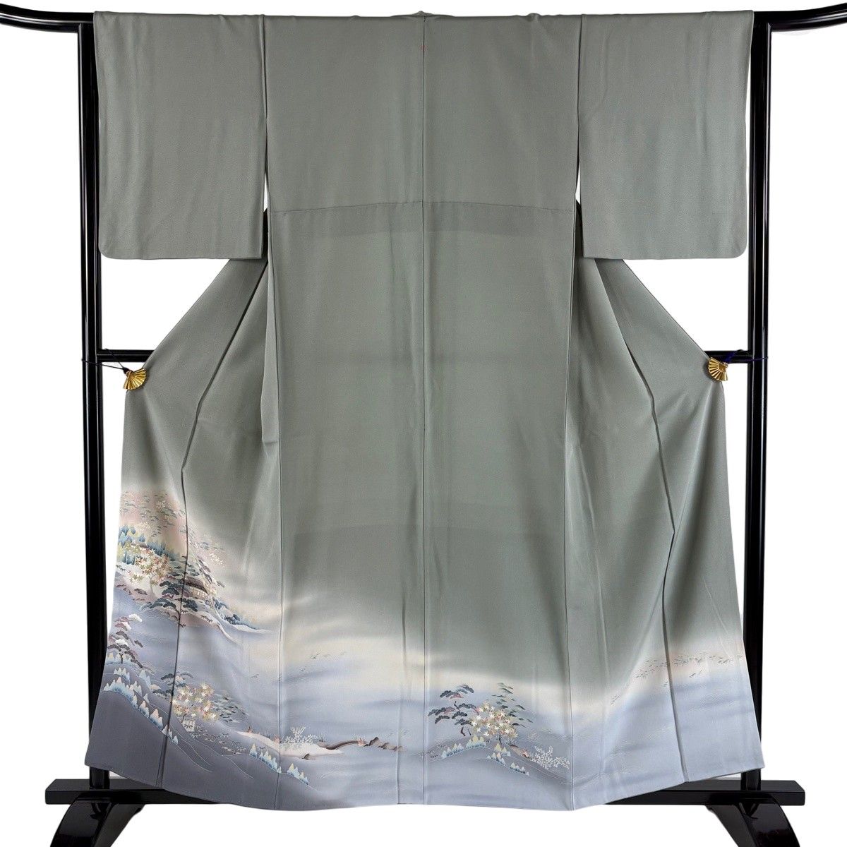 色留袖 身丈158cm 裄丈64cm M 袷 家屋 松 ぼかし 灰緑 正絹 秀品 一つ紋 【中古】