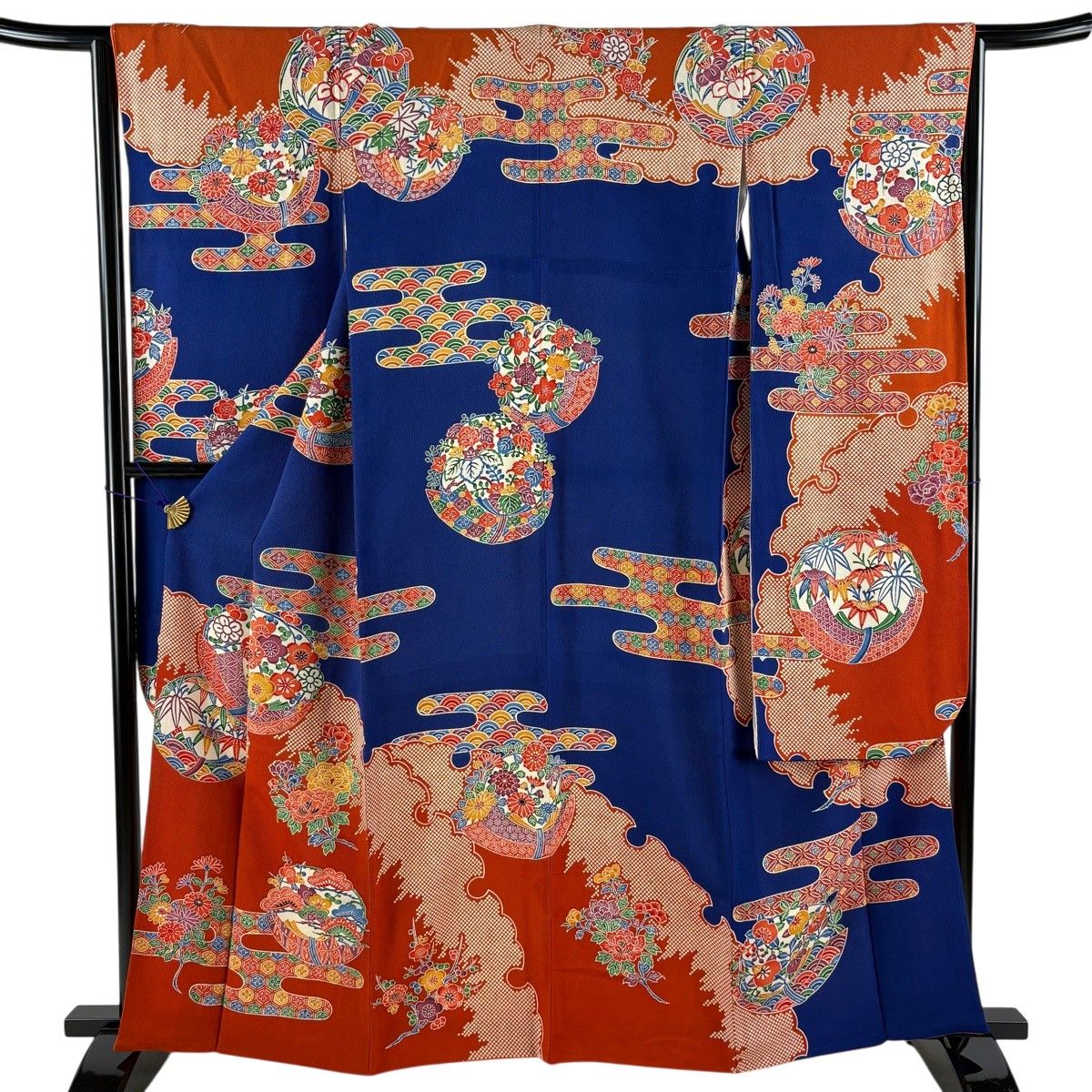 振袖 身丈160.5cm 裄丈65cm M 袷 松竹梅 ヱ霞 縮緬 青 正絹 秀品 【中古】