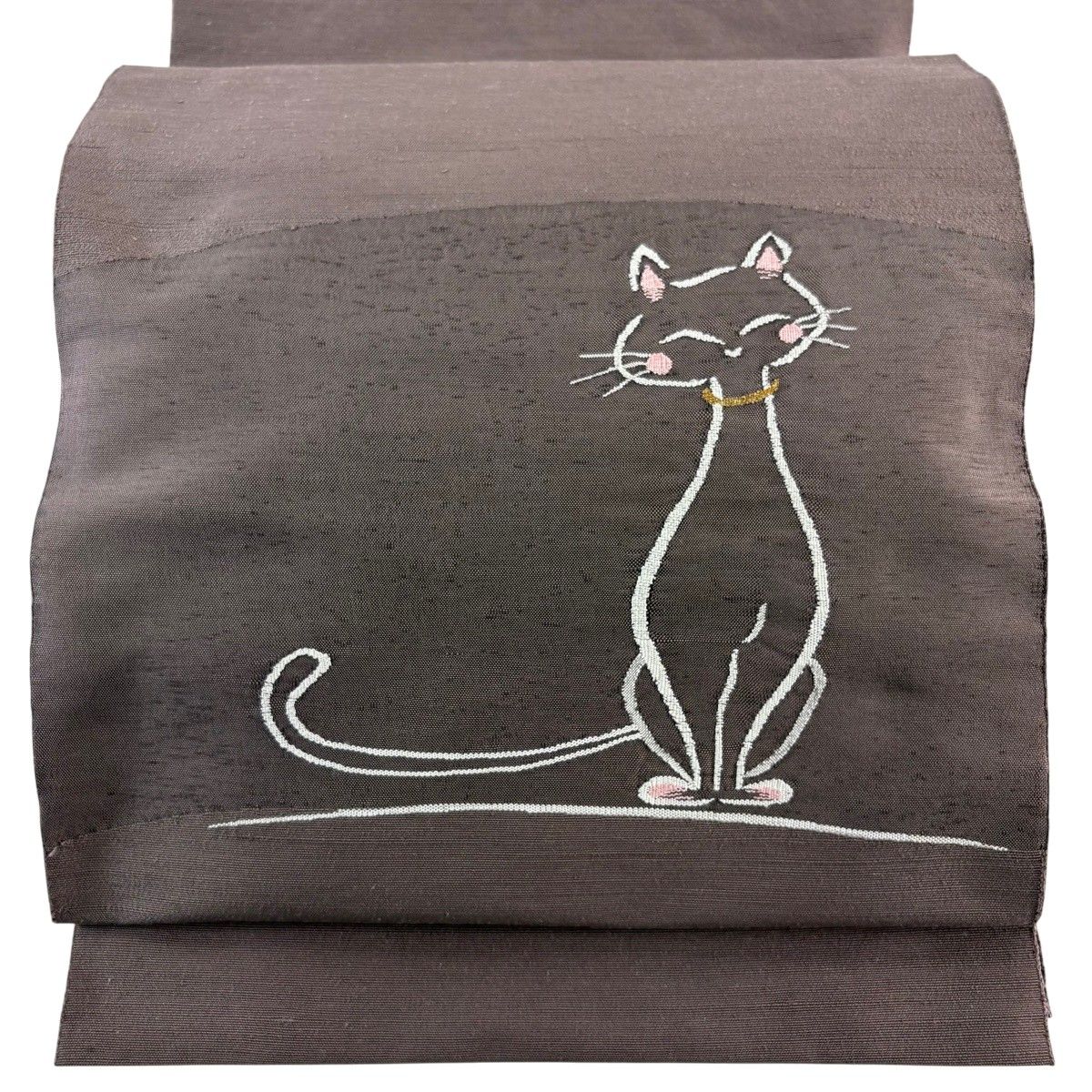 【美品】 名古屋帯 名品 八寸名古屋帯 猫 金糸 紫 正絹 【中古】