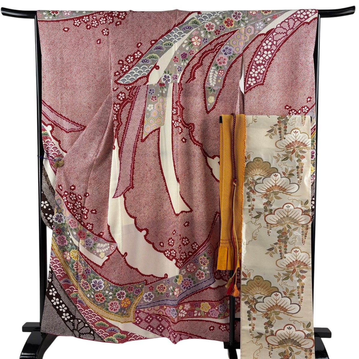 【美品】 振袖 身丈161cm 裄丈66cm M 袷 袋帯フルセット 草花 熨斗 金糸 絞り 赤 正絹 名品 【中古】