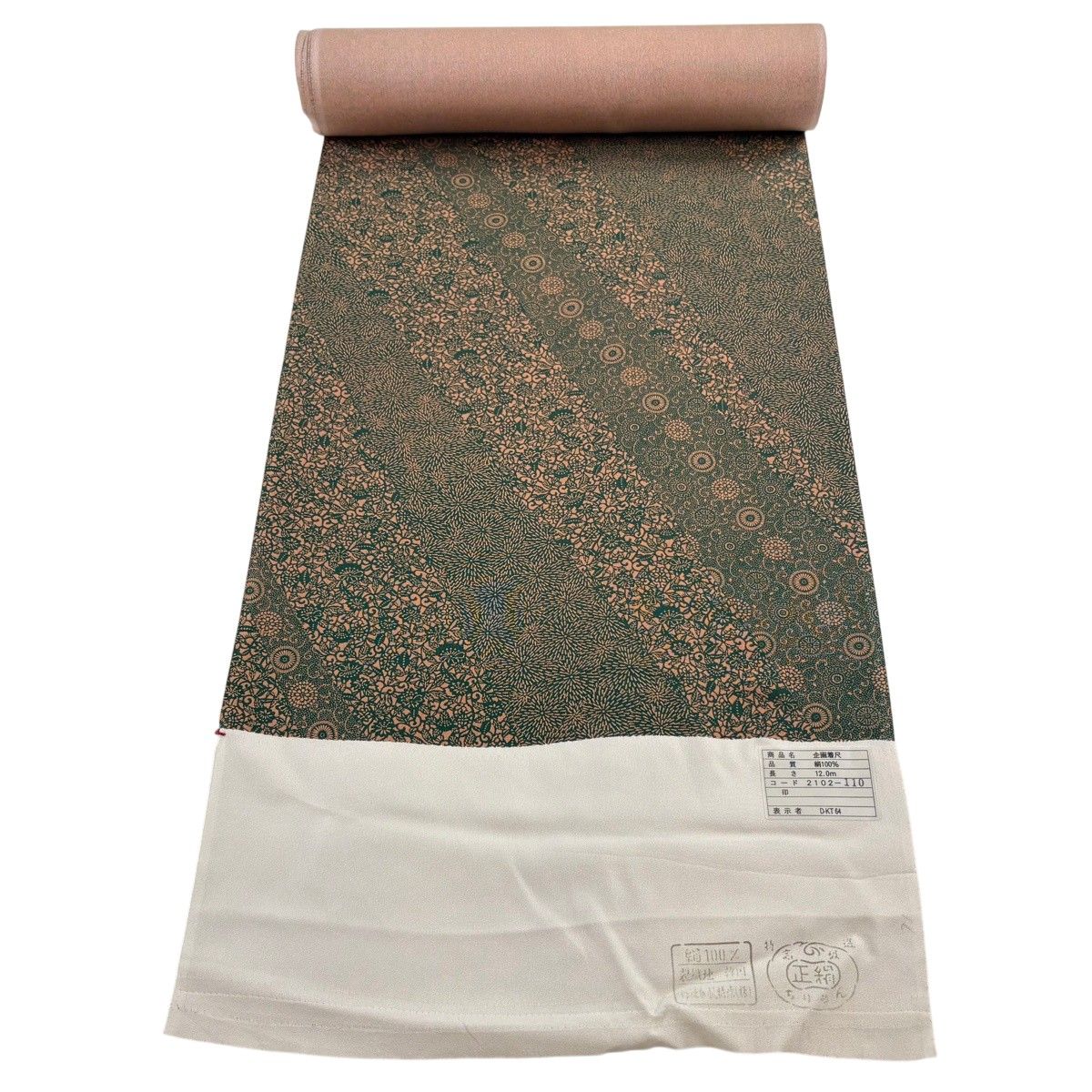 反物 秀品 小紋 菊唐草 草花 緑 正絹 【中古】