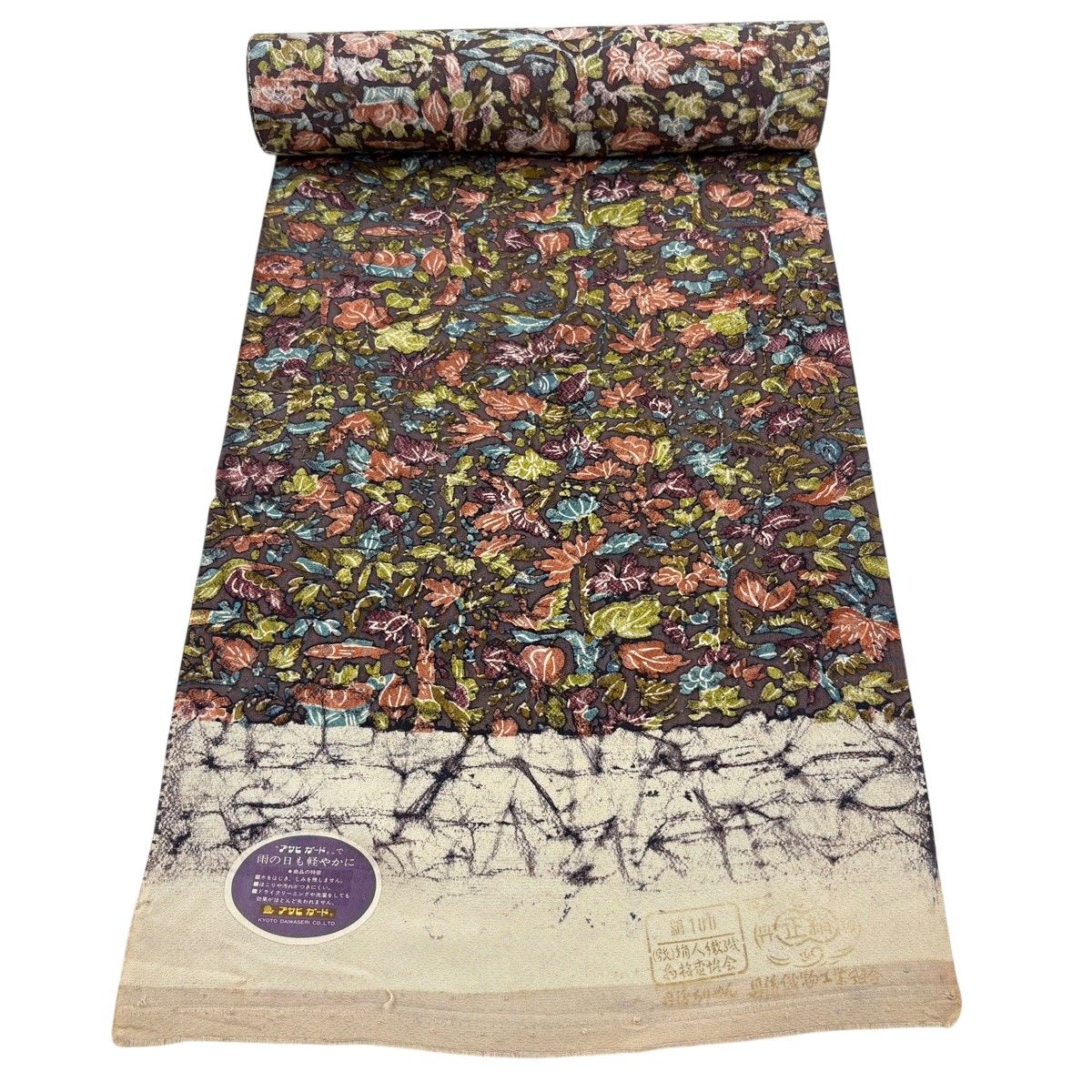 反物 秀品 小紋 草花 鳥 茶色 正絹 【中古】