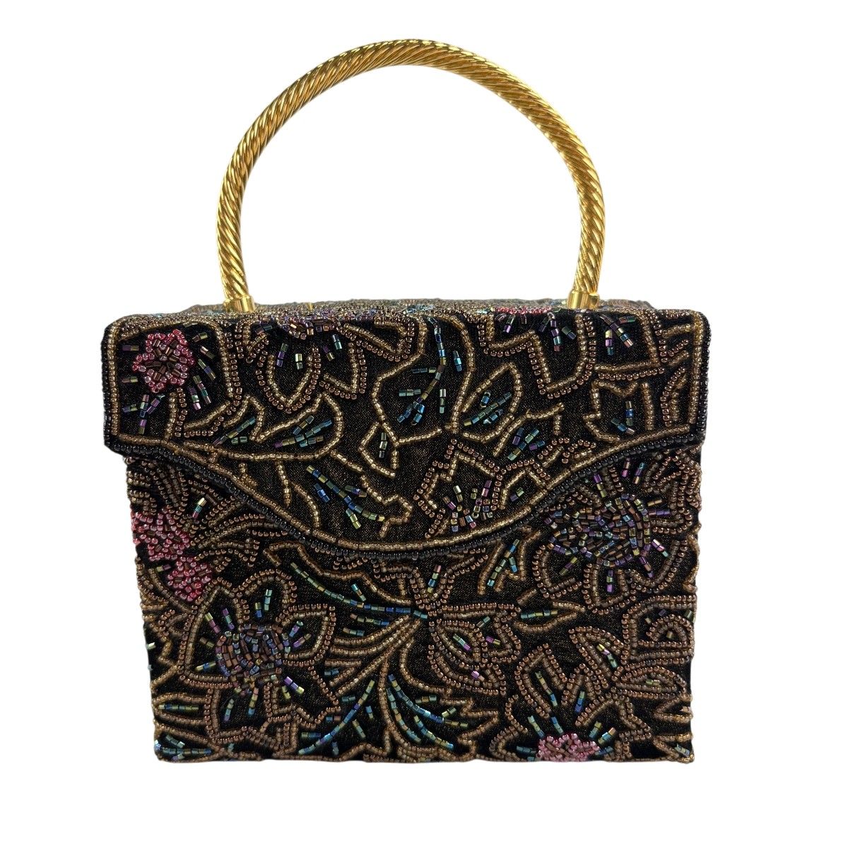 【美品】 和装バッグ 優品 ビーズバッグ フォーマル 草花 黒灰 ビーズ 和装小物 【中古】