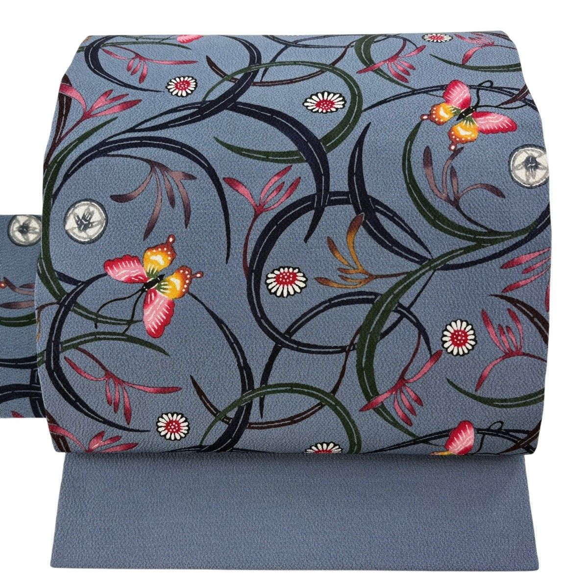 【美品】 名古屋帯 逸品 城間栄順 落款 草花 蝶 琉球紅型 青灰色 正絹 【中古】