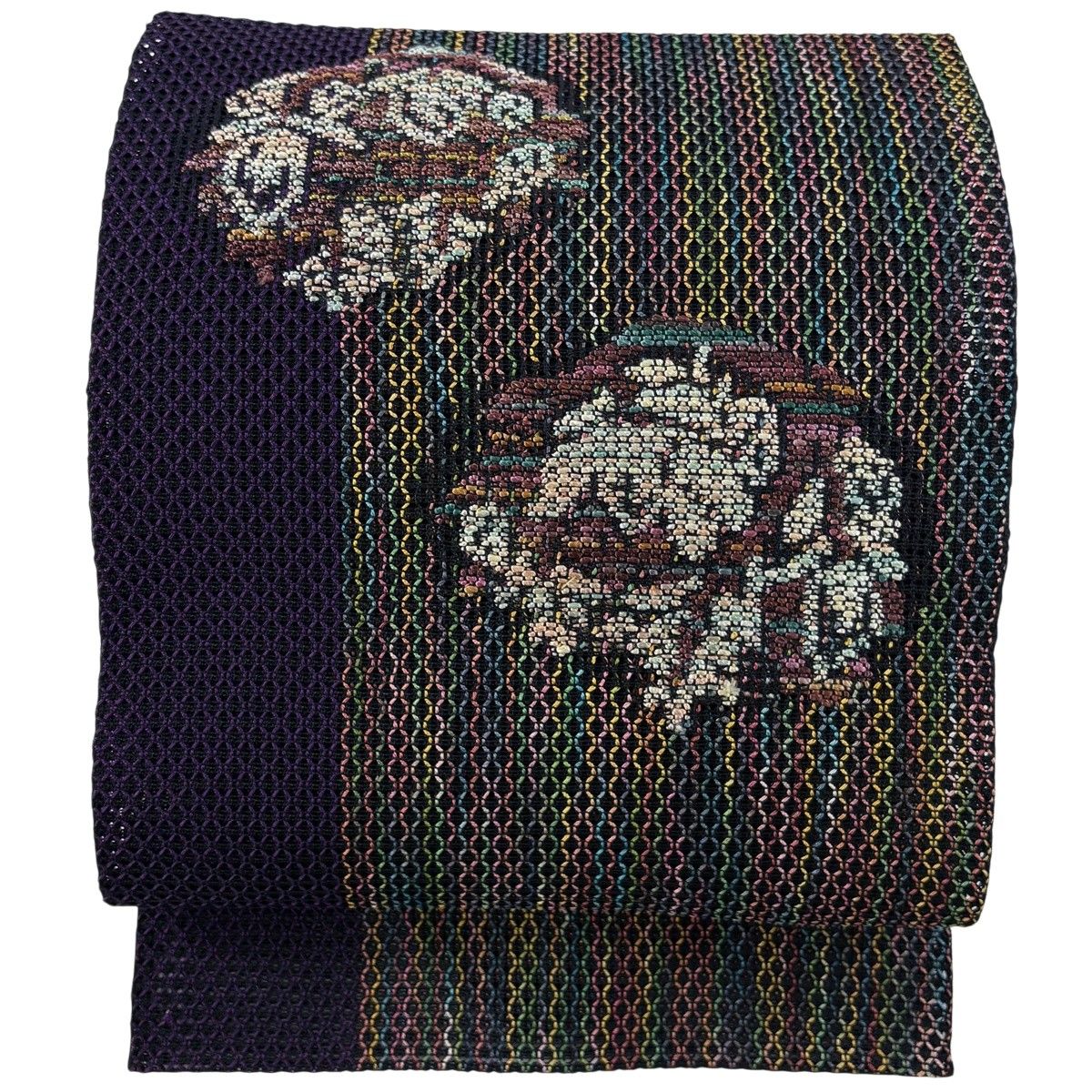 【美品】 名古屋帯 秀品 夏帯 松葉仕立て 八寸名古屋帯 草花 縞 濃紫 正絹 【中古】