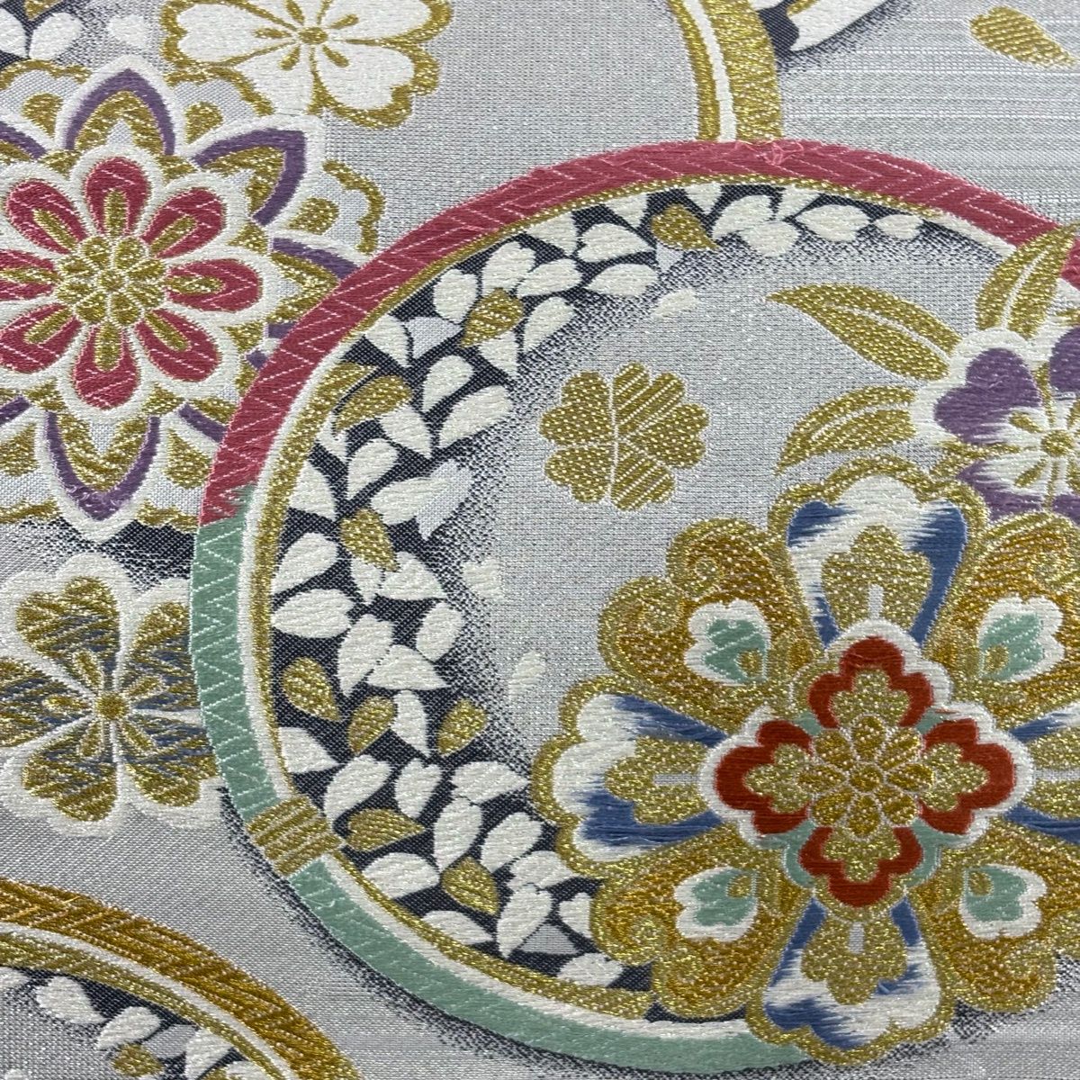 袋帯 秀品 振袖向き 華文 桜 金銀糸 唐織 銀色 六通 正絹 【中古