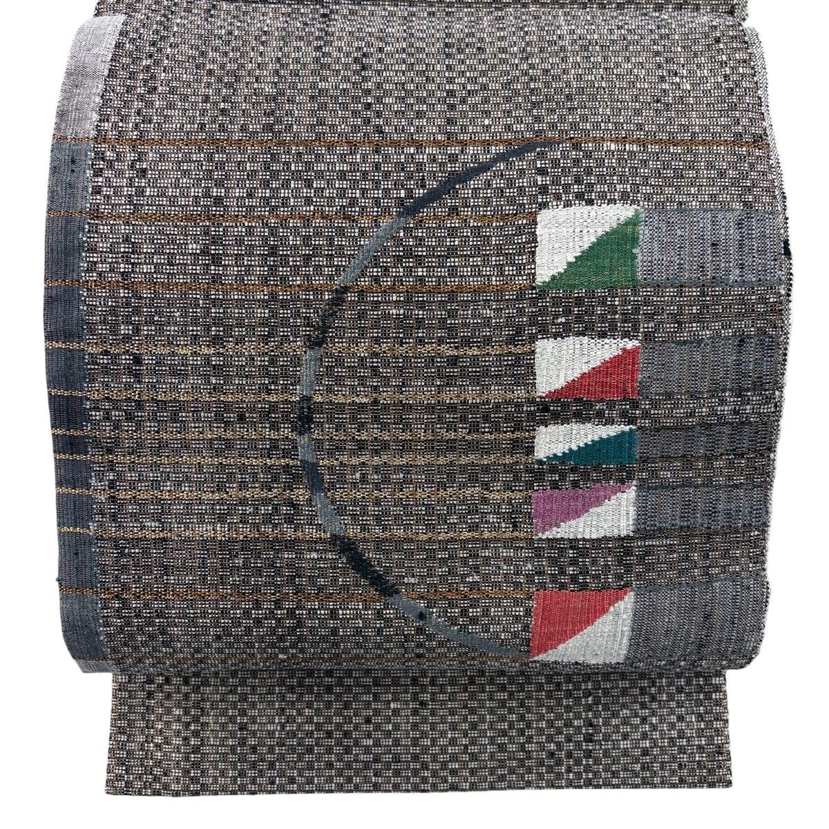 【美品】 名古屋帯 秀品 八寸名古屋帯 松葉仕立て 幾何学 金糸 黒灰 正絹 【中古】