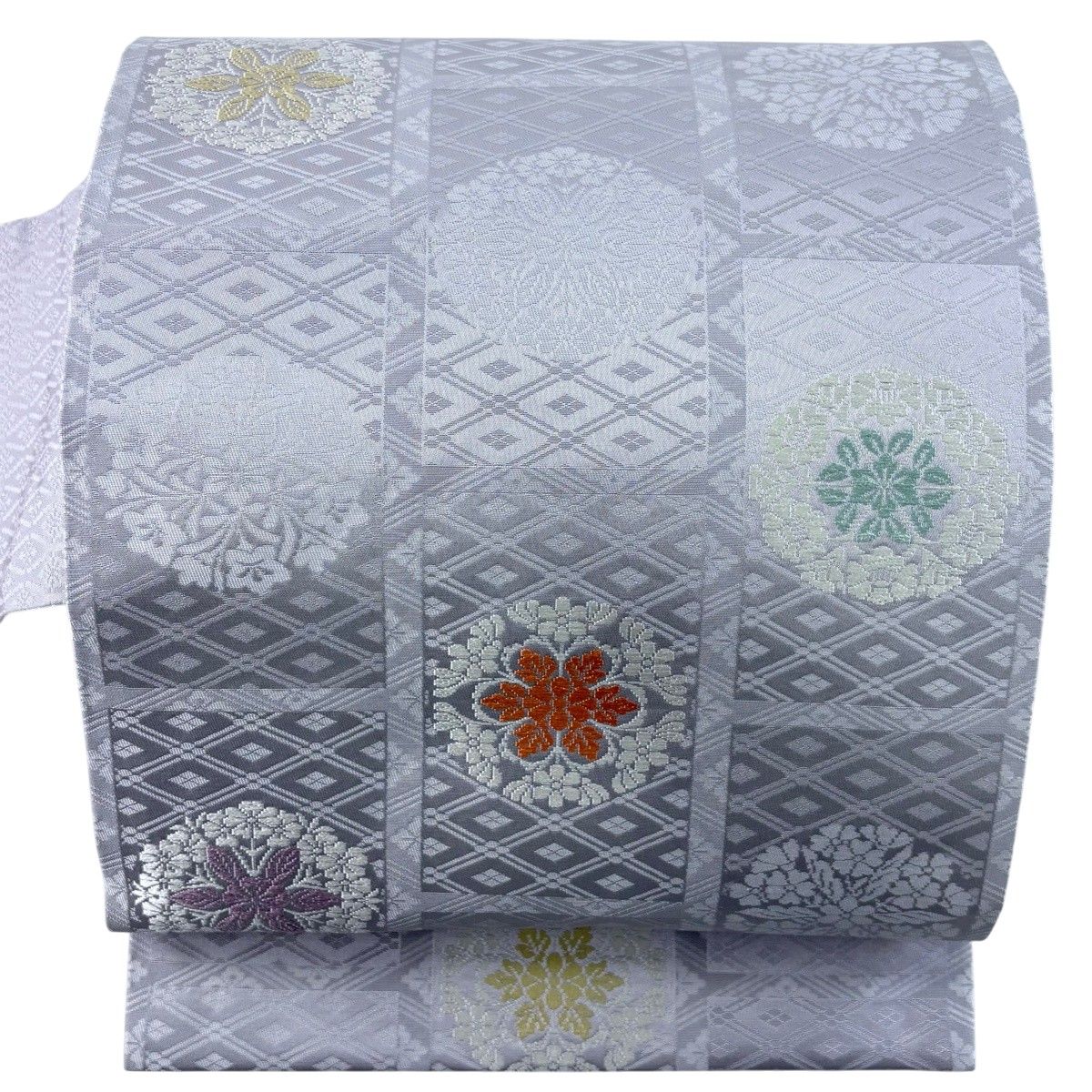 【美品】 名古屋帯 秀品 華文 菱 唐織 灰緑 正絹 【中古】
