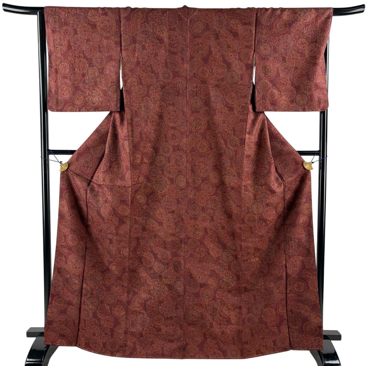 【美品】 小紋 身丈167cm 裄丈66cm M 袷 華文 赤茶 正絹 秀品 【中古】