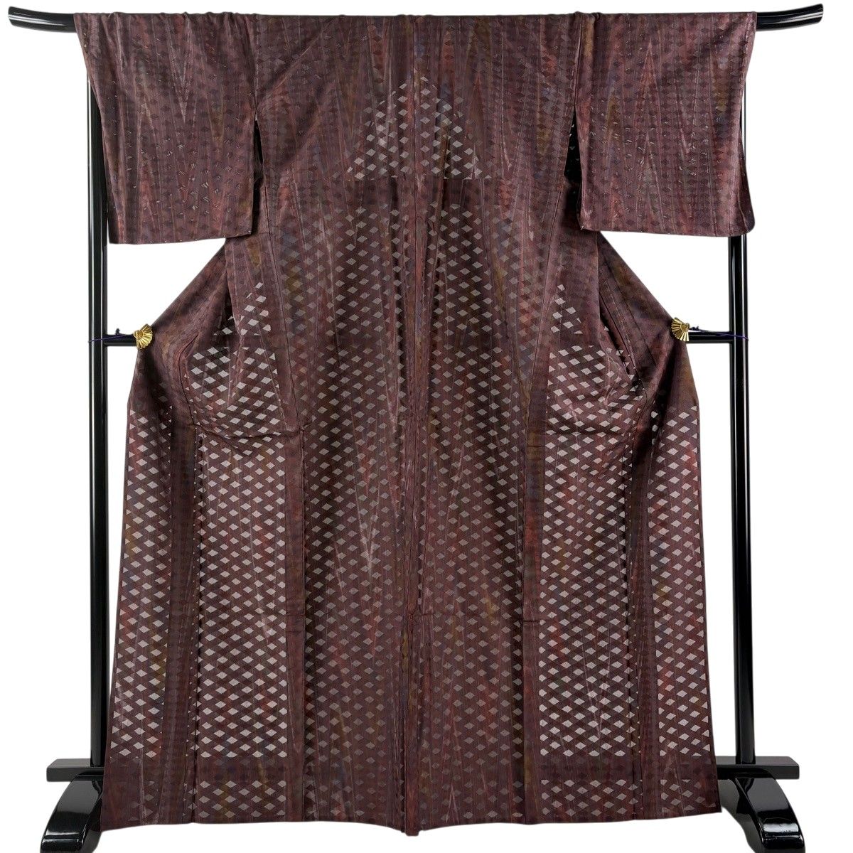 【美品】 小紋 身丈168cm 裄丈71cm L 薄物 紗 やまと 斜め格子 幾何学 茶紫 正絹 秀品 【中古】