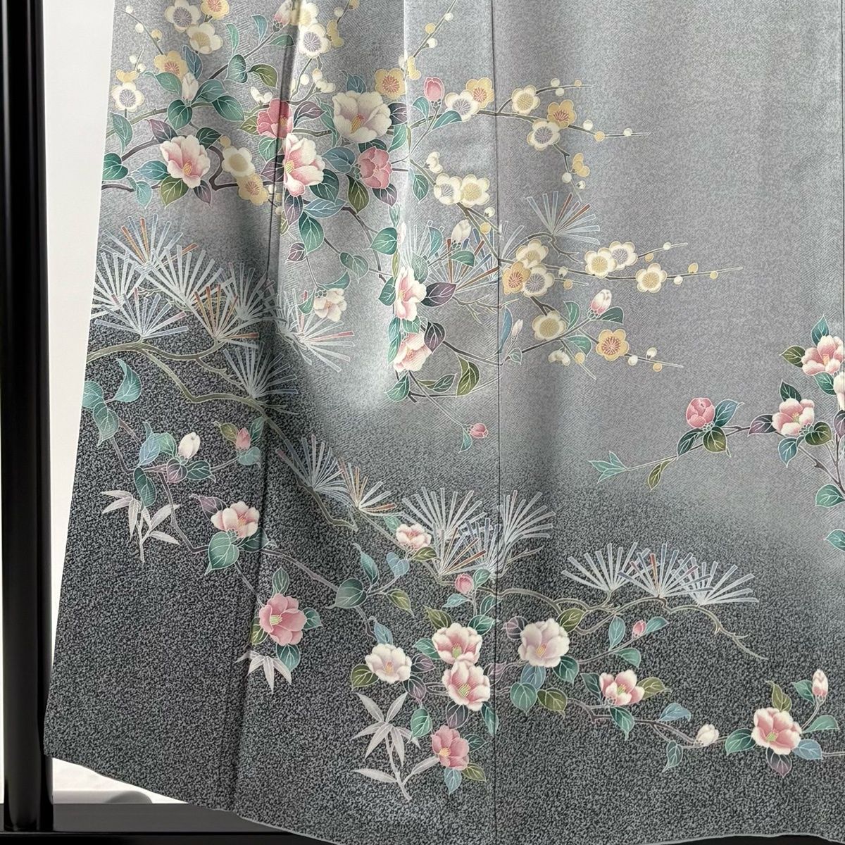 訪問着 身丈155.5cm 裄丈64.5cm M 袷 椿 若松 灰色 正絹 秀品 【中古 