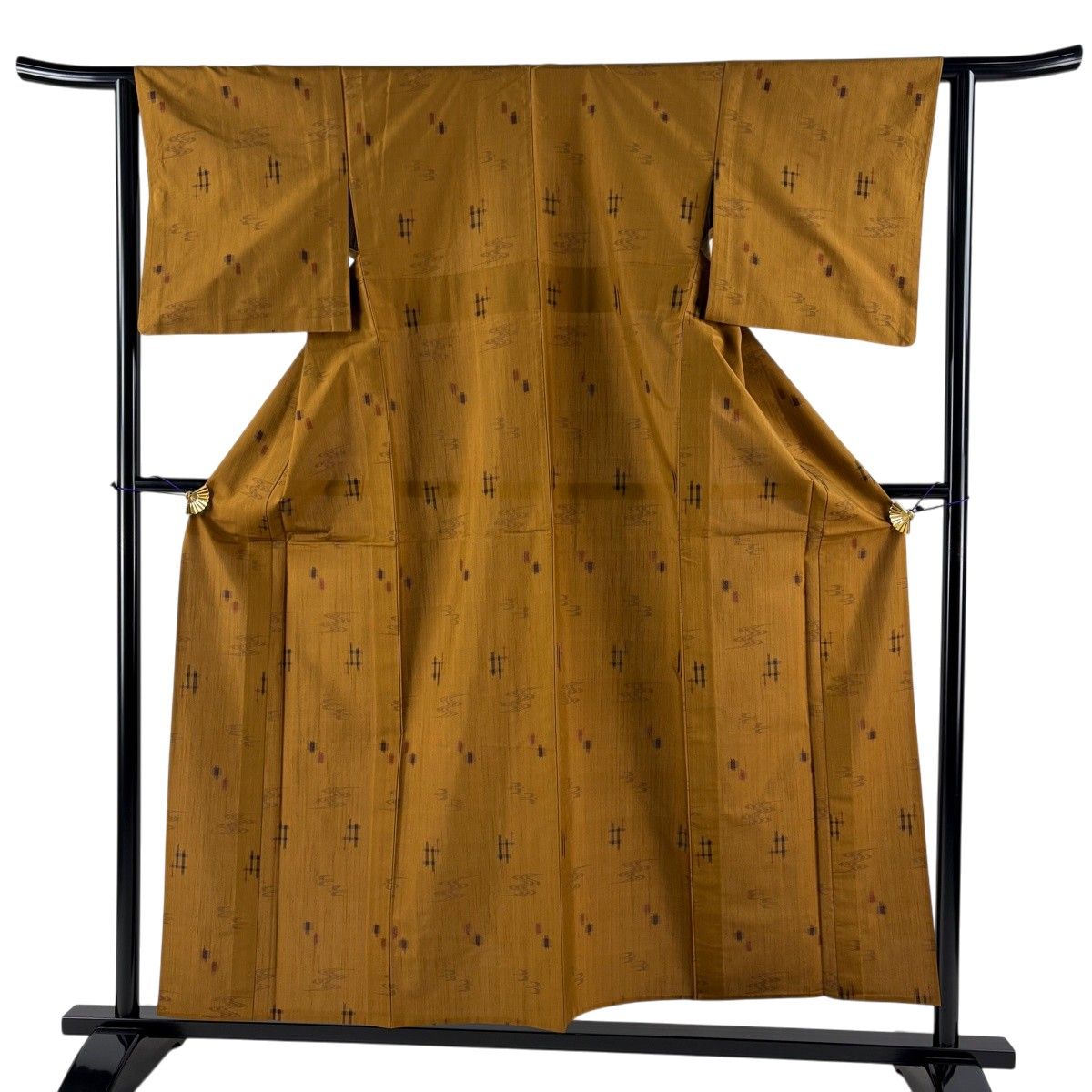 【美品】 紬 身丈155cm 裄丈62cm S 単衣 井桁絣 燕 山吹茶色 正絹 秀品 【中古】