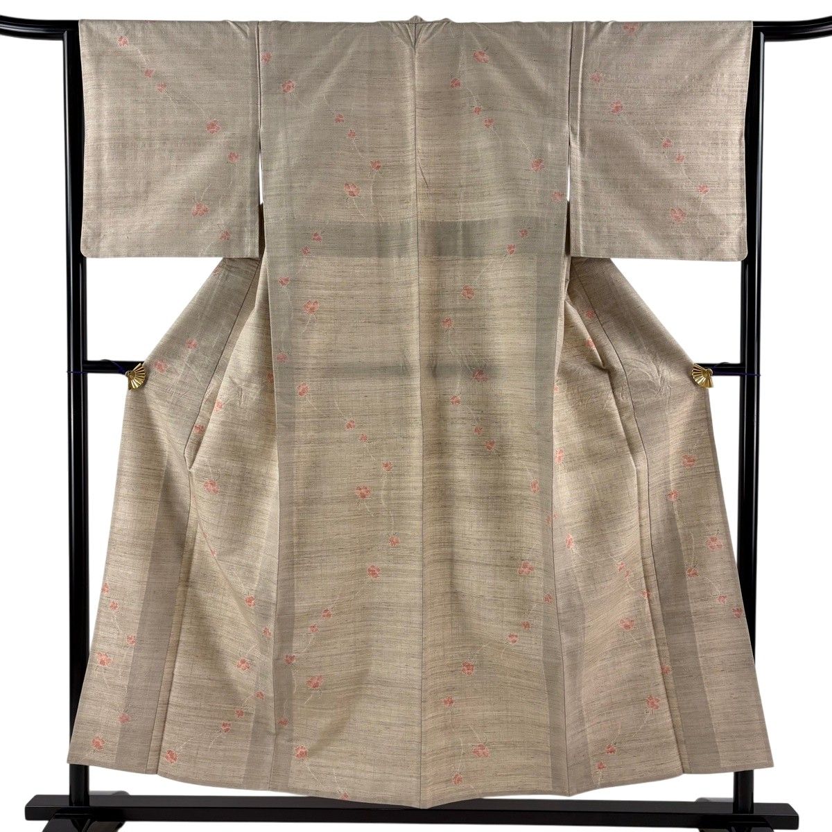紬 身丈152.5cm 裄丈64cm M 単衣 草花 薄茶色 正絹 秀品 【中古】